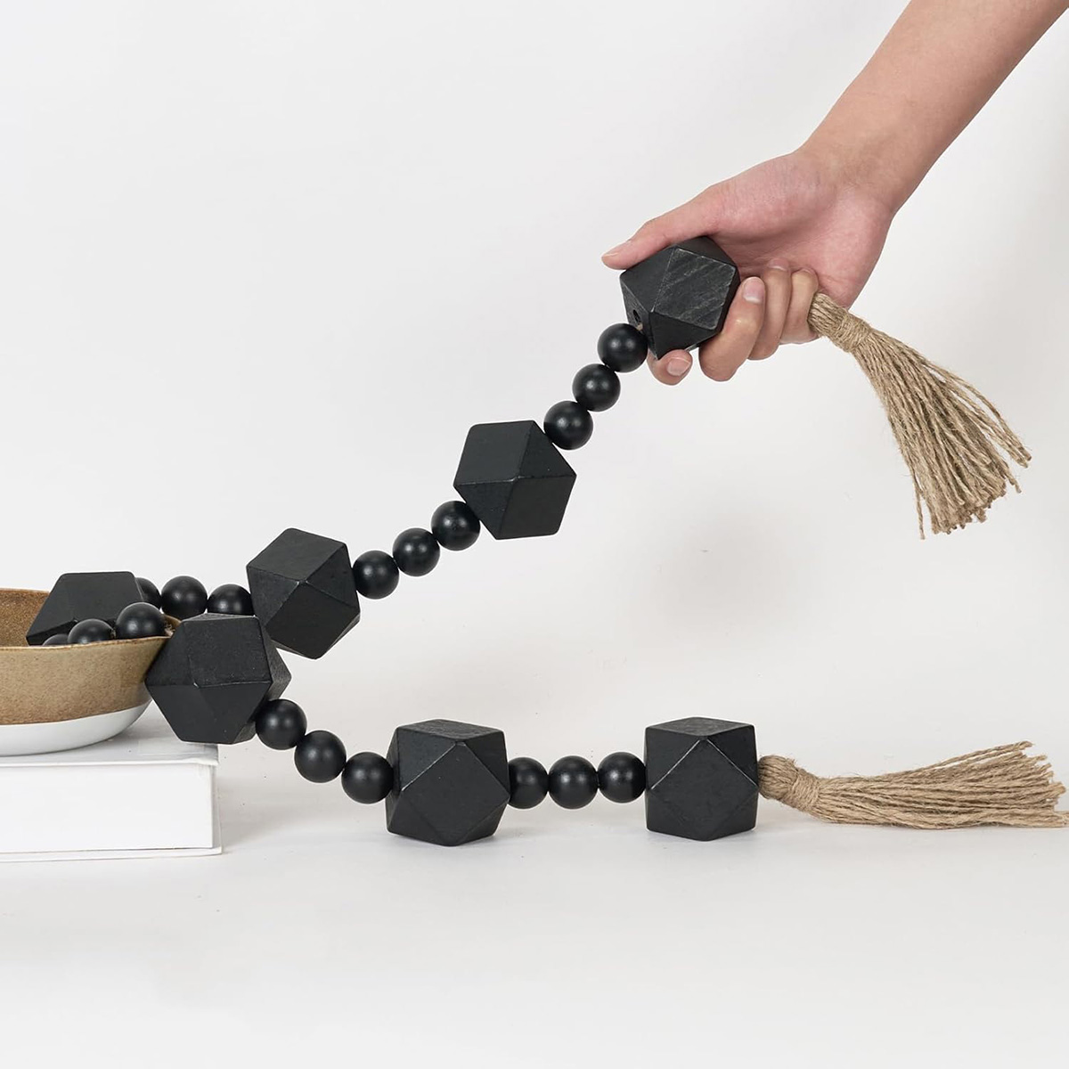 2" Octagonal Extra Large Wood Bead Garland with Tassels, 42" Long Rustic Farmhouse Wooden Beads Garland with Tassels, Black