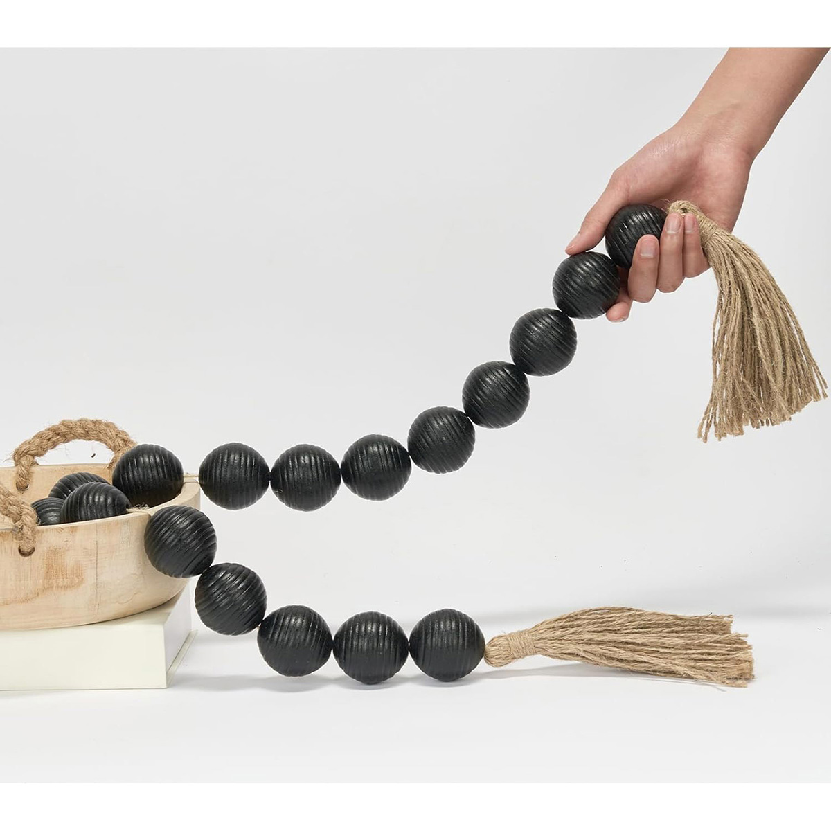50" Long Ribbed Extra Large Wood Bead Garland with 2" Diameter Wooden Beads, Boho Decorative Beads Black