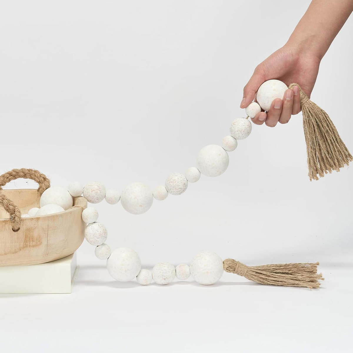 2" Extra Large Wood Bead Garland with Tassels, 44" Long Rustic Farmhouse Wooden Beads Garland, White