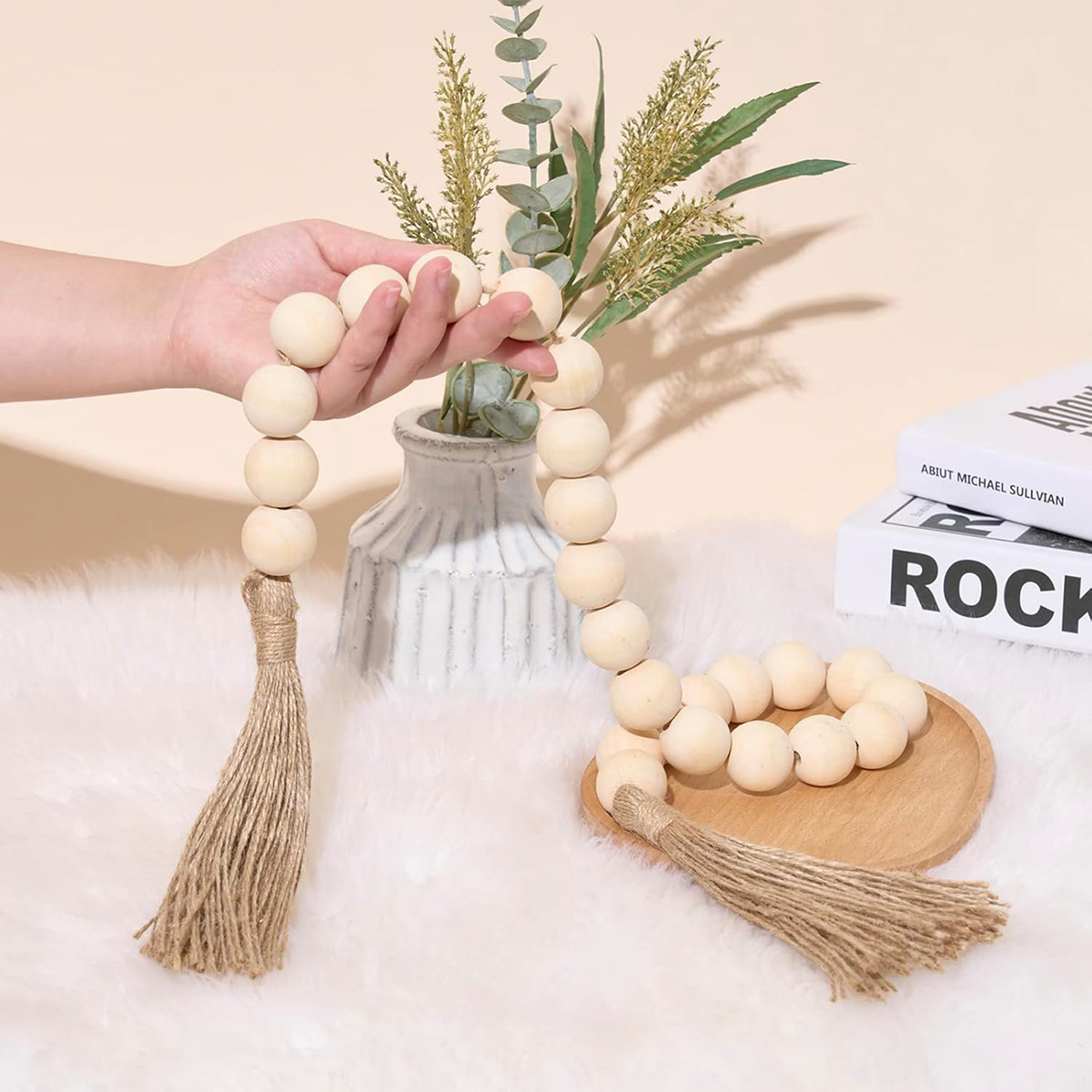 40" Long Large Wood Bead Garland with 1.2" Diameter Wooden Beads and Tassels, Decorative Beads with Tassels Beige